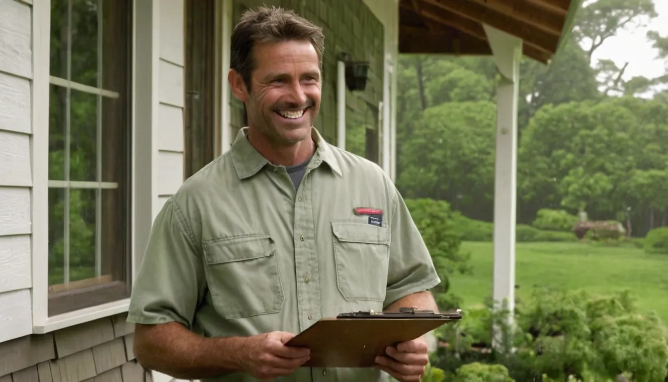 A friendly pest control provider talking with a homeowner at the front door of a wood-frame house in Kent